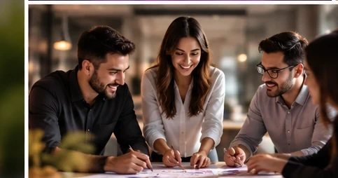 Equipo colaborando alrededor de una mesa de trabajo